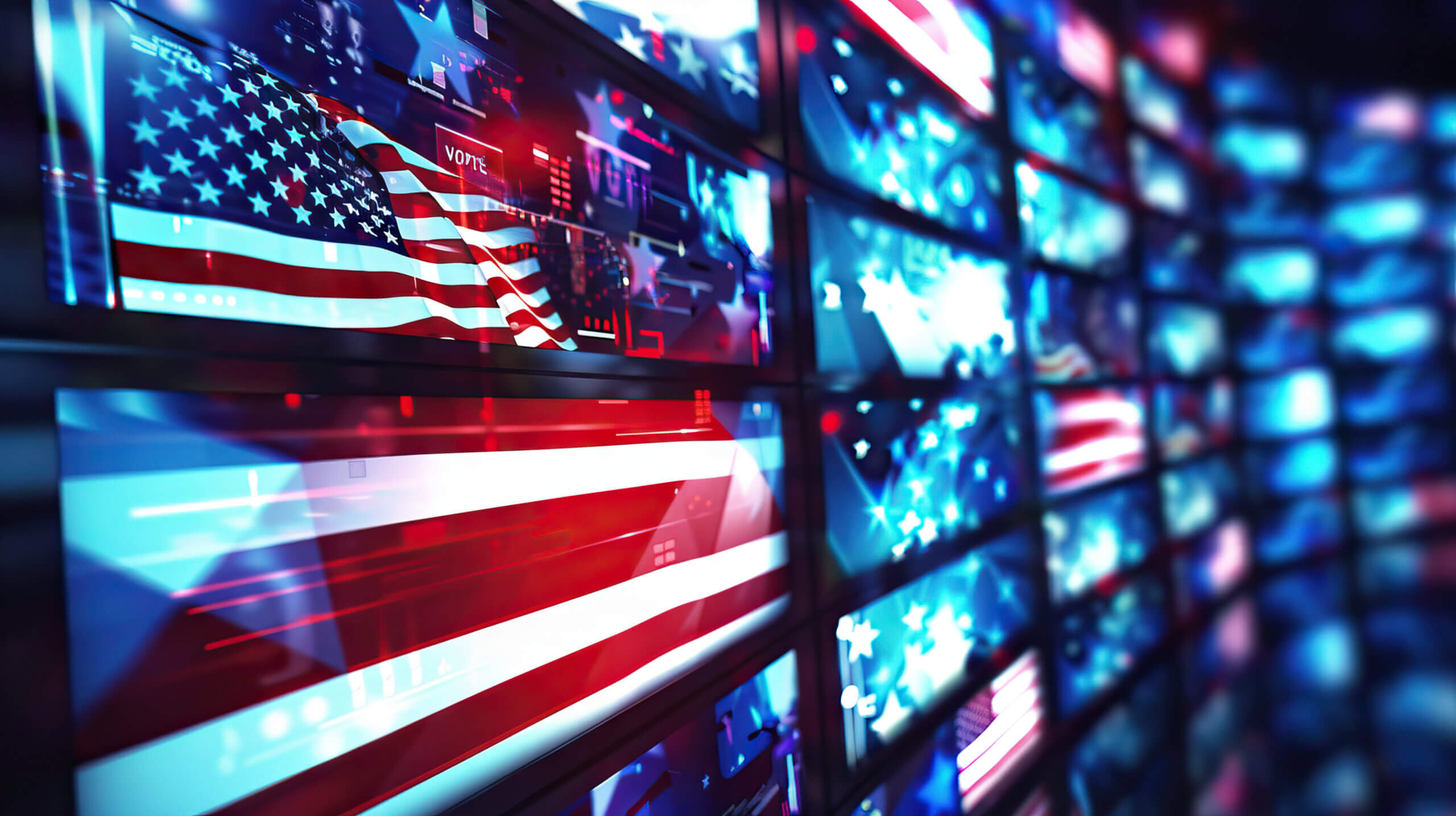 A wall of screens with various american flags denoting 24 hour news coverage